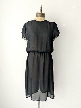 1970s vintage black sheer chiffon blouson dress secretary wednesday disco goth